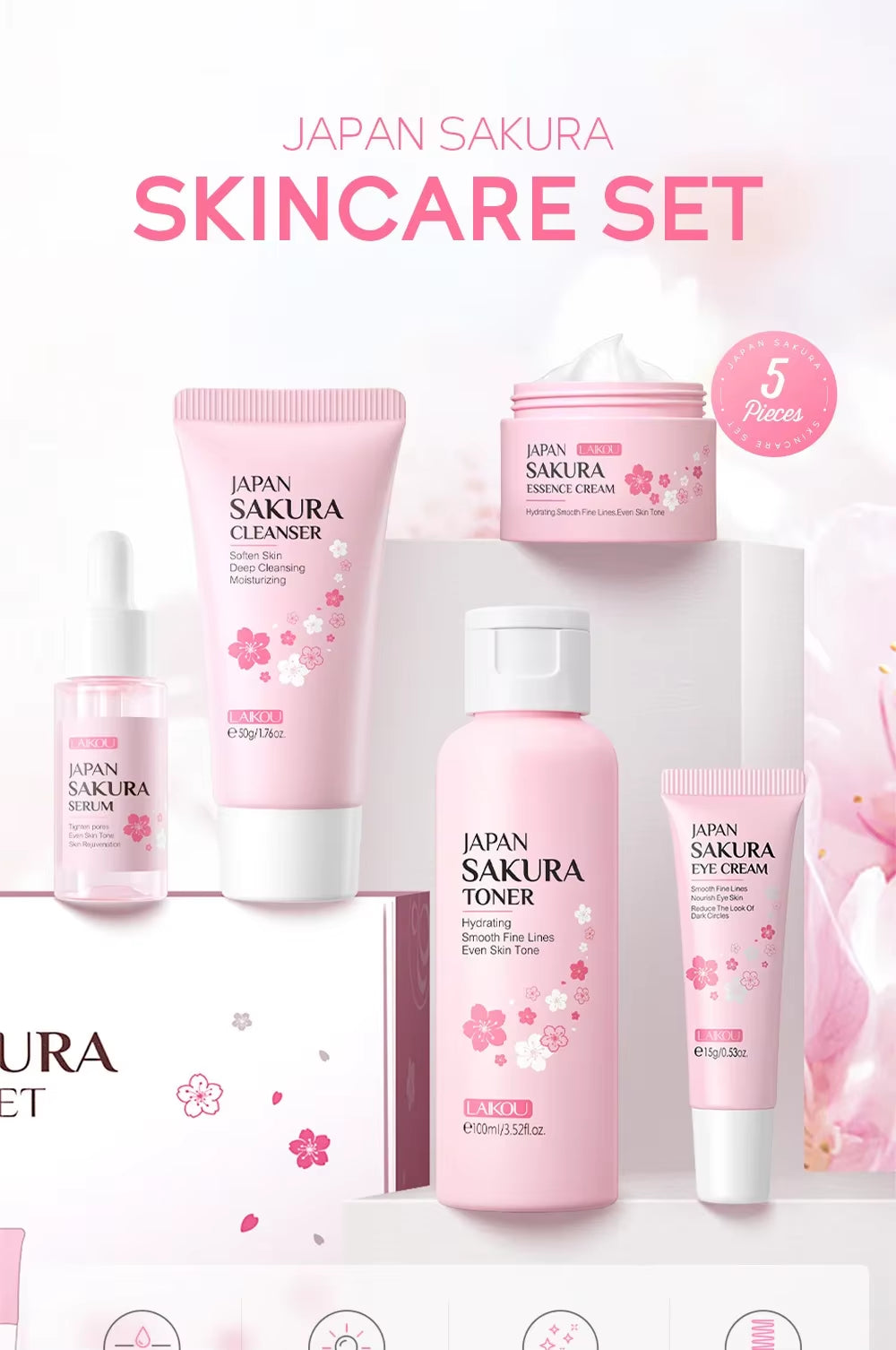 Sakura Kit Skin Care Sets Moisturizing and Reducing Fine Lines Cleansing Pore Product 5-Piece Korean Christmas Gift Set