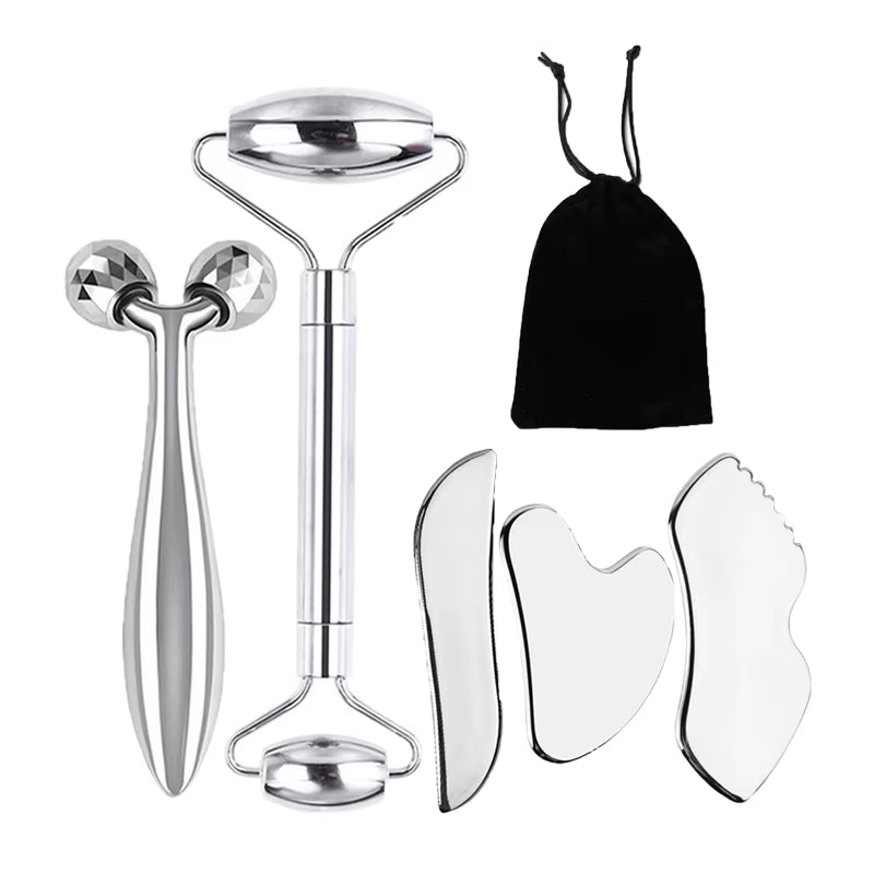 6-Piece Facial Cleansing Tool Set, Including a Stainless Steel Scraping Board, Ice Roller, Cloth Bag, Etc.