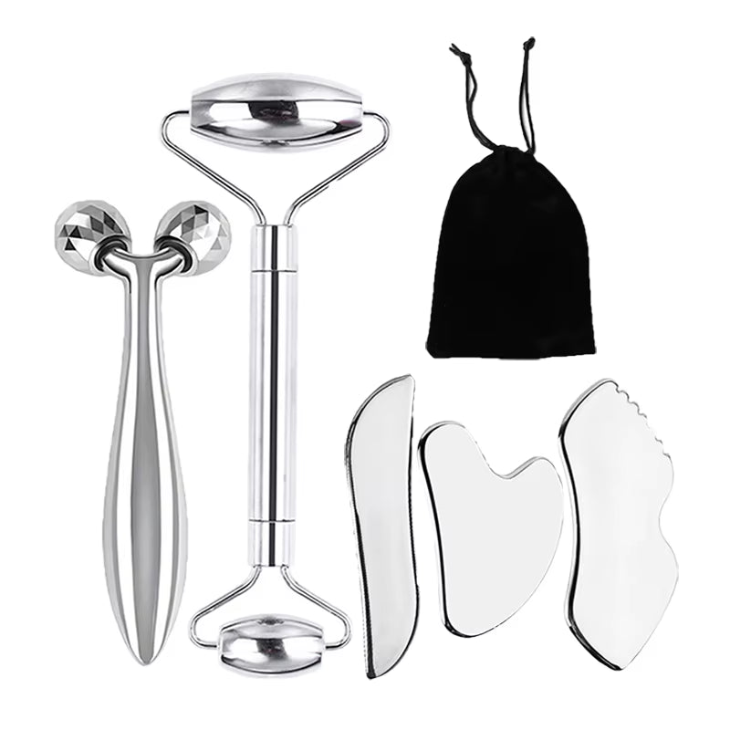 6-Piece Facial Cleansing Tool Set, Including a Stainless Steel Scraping Board, Ice Roller, Cloth Bag, Etc.
