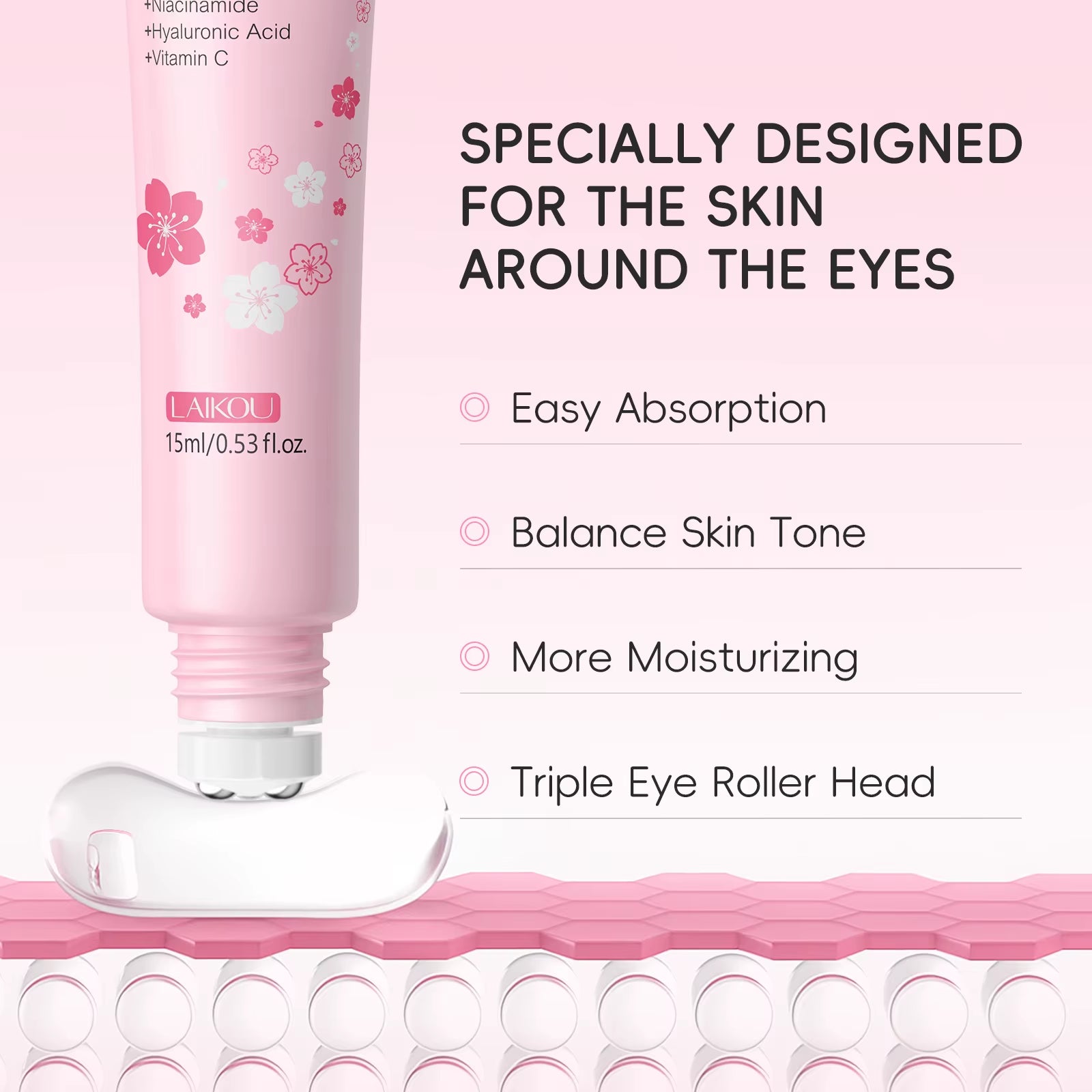 Sakura Anti- Wrinkle Eye Cream with Roller Ball Quick Drying Hydrating Hyaluronic Acid Refreshing Eye Serum 15Ml
